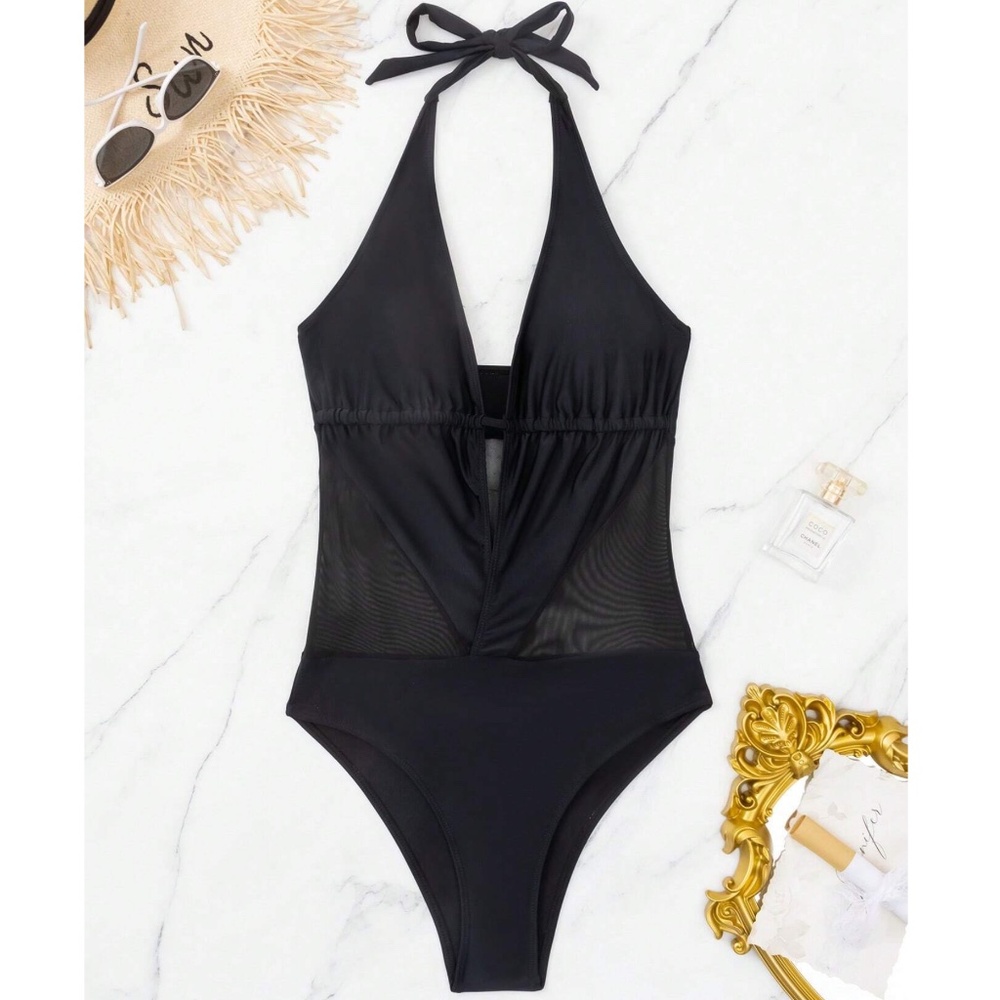 Teal Cut out Semi Sheer Halter Neck Monokini One Piece Swimsuit - Picture 8 of 8